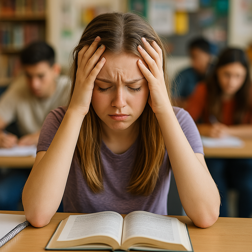 Frustrated Student feeling anxious at a school desk looking at a book