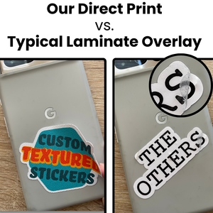 Image comparing non-peeling direct print textured sticker to typical peeling laminate sticker