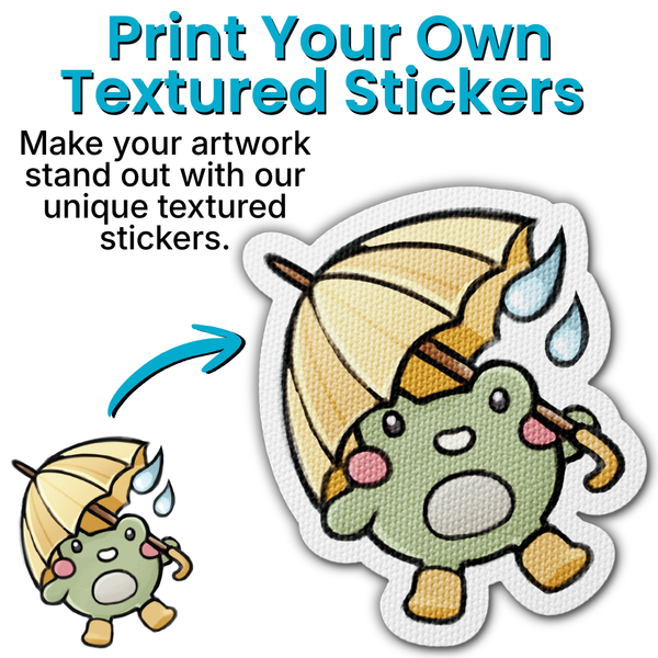 Textured sticker of a green character with an umbrella and text about print your own textured stickers.