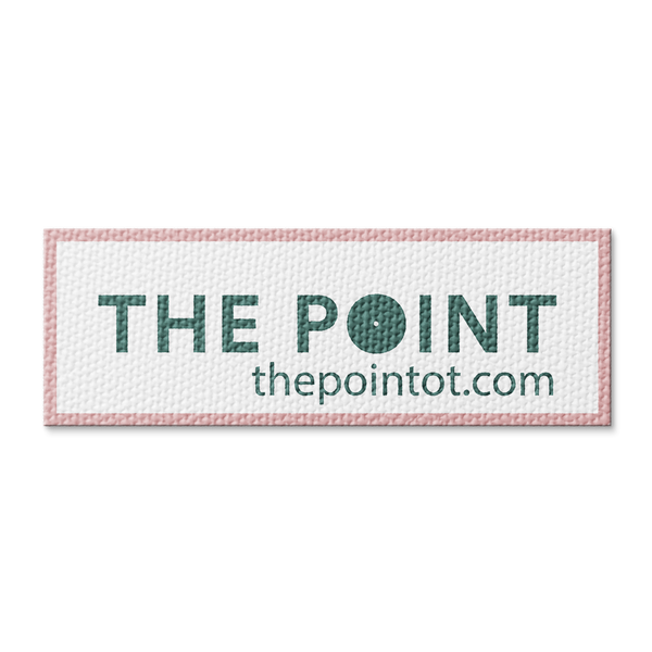 Text logo design with website and pink border on custom sticker strip