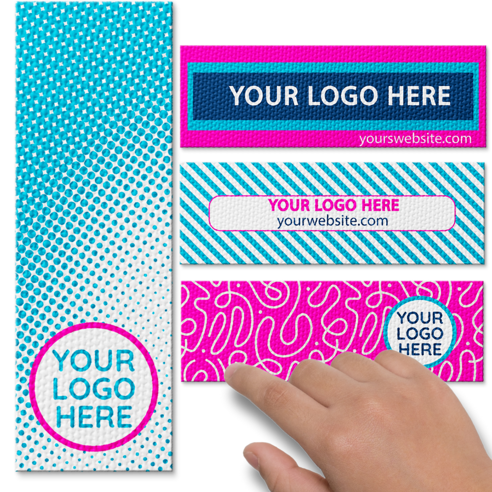 Examples of custom Sensory Dot textured sticker strips showing different logo designs and hand touching one strip