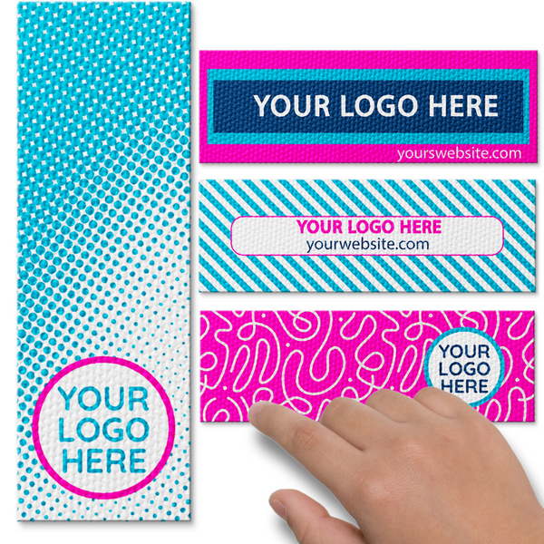 Examples of custom Sensory Dot textured sticker strips showing different logo designs and hand touching one strip