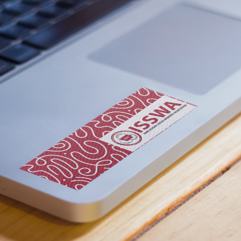 Sensory sticker strip with custom branding shown on silver laptop